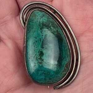 Vtg‎ Israel 925 Sterling Silver Malachite Modernist Brooch Pin Pendant Green